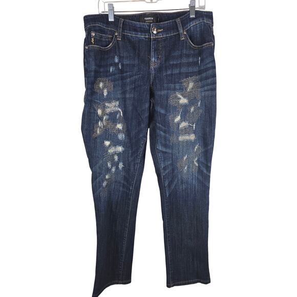 Torrid Premium Boyfriend Gold Thread Whiskering Distressed Jeans 14 - Picture 1 of 5